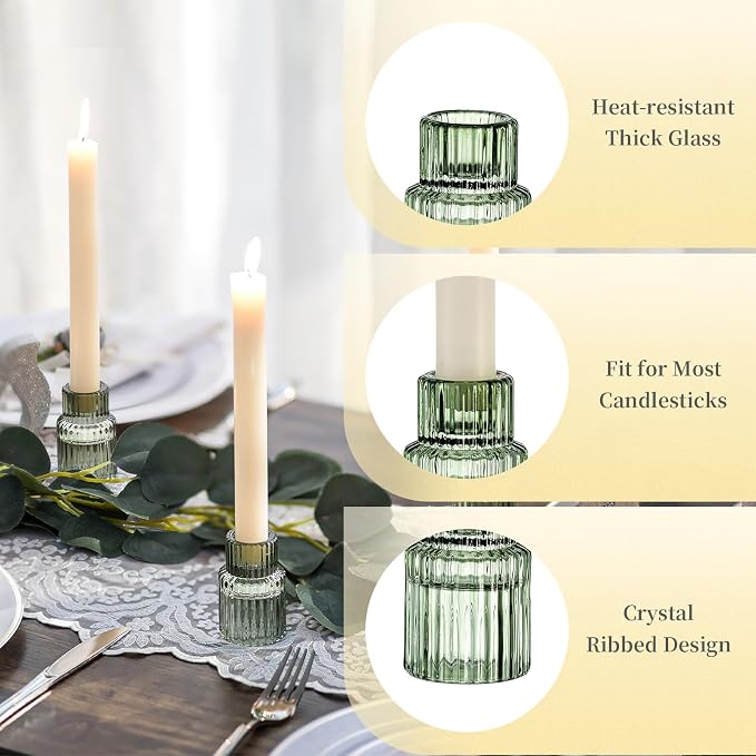 Hewory Taper Candle Holders Bulk, 20PCS Green Glass Candlestick Holders | For 0.86" Taper Candles, Ribbed, Vintage Candle Sticks Holder Decor, Wedding Table Centerpiece Bridal Showers Christmas Home