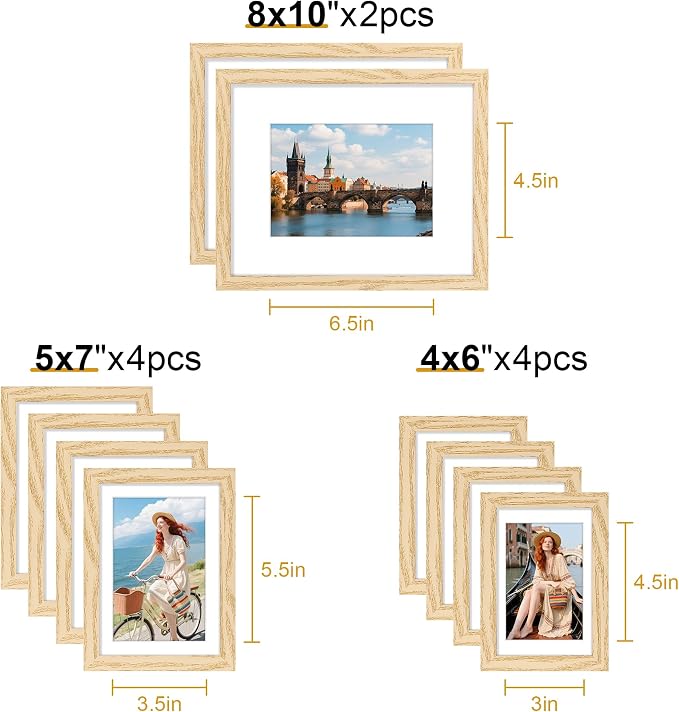 decorUhome 10 Pack Assorted Picture Frame Set for Wall & Tabletop, P0710NT | Natural, Multi Size Picture Frame Includes Two 8x10 / Four 5x7 / Four 4x6 for Family Gallery Wall