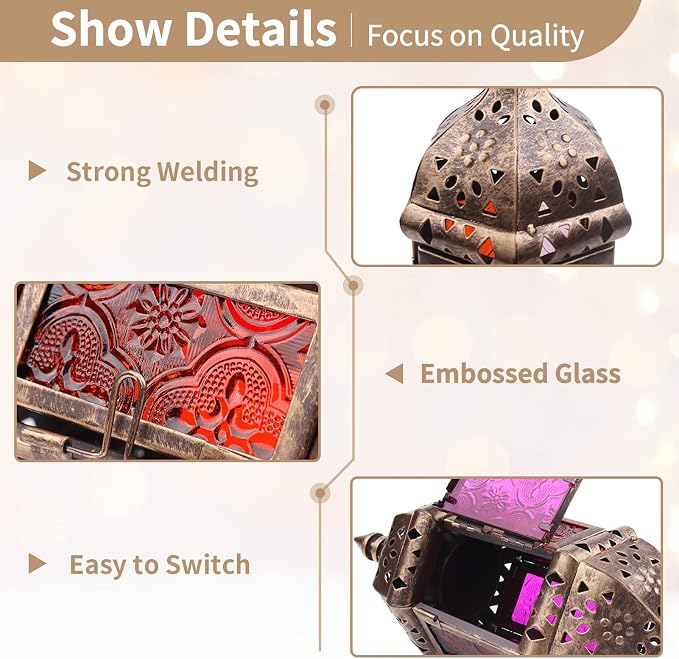 2 Pcs Hanging Hexagon Decorative Moroccan Candle Lantern Holders, Handmade Hanging Tea Light Holder in Bronze Metal & Red & Purple Glass Gift & Decor Items