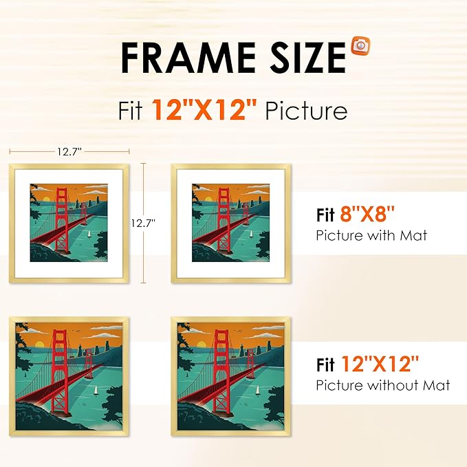 12x12 Picture Frame Gold Set of 2, Photo Frame with HD Plexiglass, Display Pictures 8x8 with Mat or 11x17 Without Mat, Gold Picture Frames Collage Wall Decor, Gallary Wall Frame