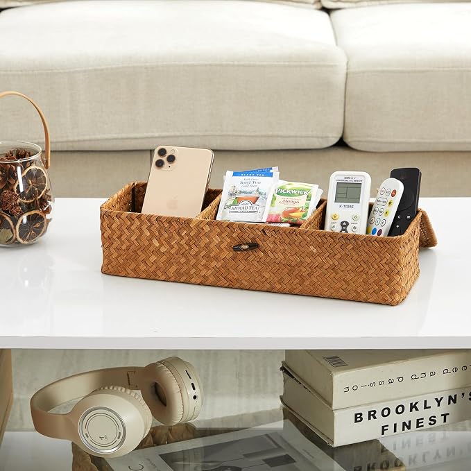 Nonam 3-Section Divided Storage Small Basket with Lid,Shelf Basket-Natural | Seagrass Organizer for Tea,Sugar,Coffee,Woven Shelf Bin for Closet,Toilet Tank,Rectangular Narrow Boho Basket Home Decor