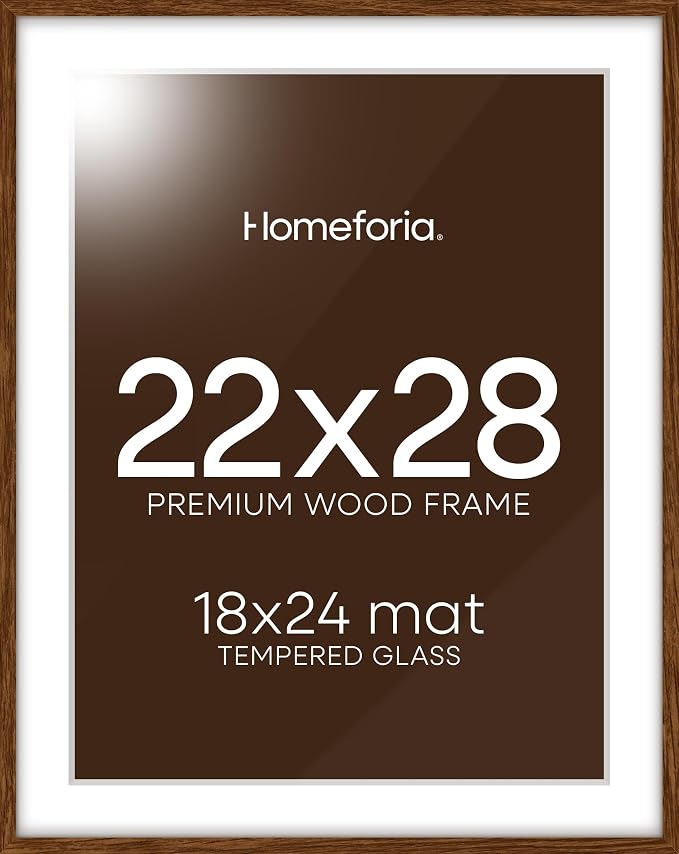 Homeforia 22x28 Brown Oak Poster Frame, High-End Wood, 18x24 Mat, Glass