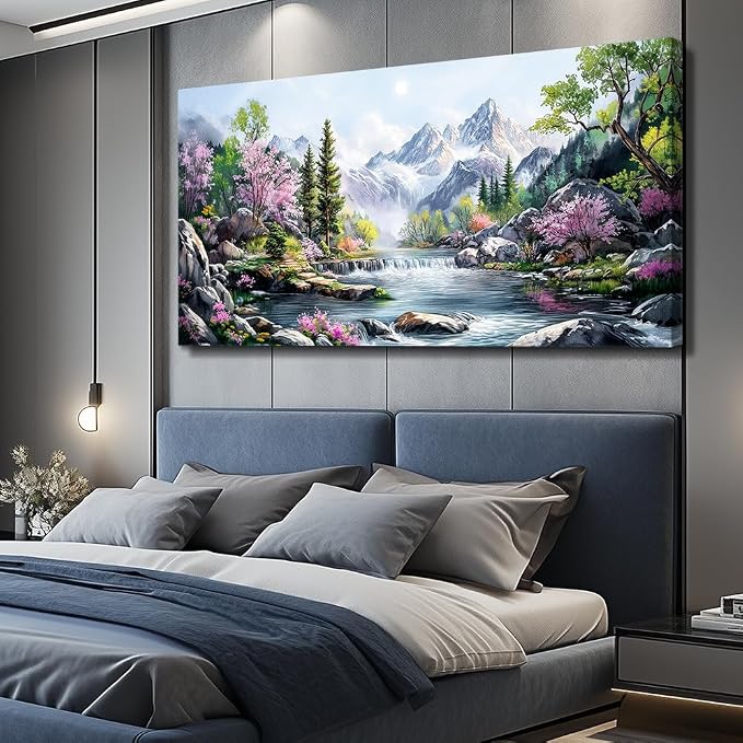QIYILEXWART Canvas Wall Art For Living Room Large Wall Decor For Office Bedroom Decorations Mountain Landscape Pictures Spring Painting Artwork Room Wall Mural Aesthetic Home Decor 30x60 In