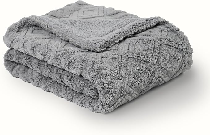 EverGrace Jacquard Reversible Sherpa Throw Blanket, 90" x 90", Grey | Jacquard Sherpa Throw Blanket, Super Soft, Cozy Plush Blanket, Reversible Thick Warm Throw for Bed, Sofa, Living Room
