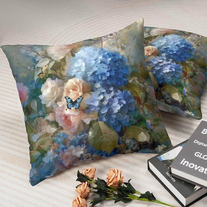 Vintage Rose Hydrangea Pillow Covers Oil Painting Floral Throw Pillow Covers Spring Summer Pillow Case 24x24 Blue Pink Flowers Cushion Case for Living Room Couch Sofa Set of 2