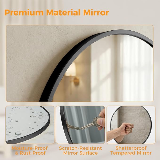 DUMOS 28 Inch Round Wall Mirror, Bathroom Mirror, Black | Metal Frame, HD Reflection Shatterproof Glass Vanity, Decor for Bathroom Vanity Bedroom Entryway