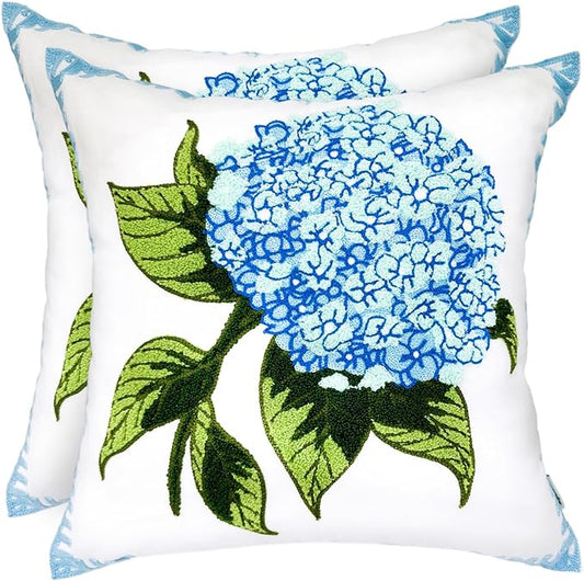 Alysheer Spring Hydrangea Embroidered Decorative Throw Pillow Covers 18"x 18" Set of 2, Summer Blue Green Floral Tufted Patterned Cotton Cushion Cases for Couch Bed Living Room Decor