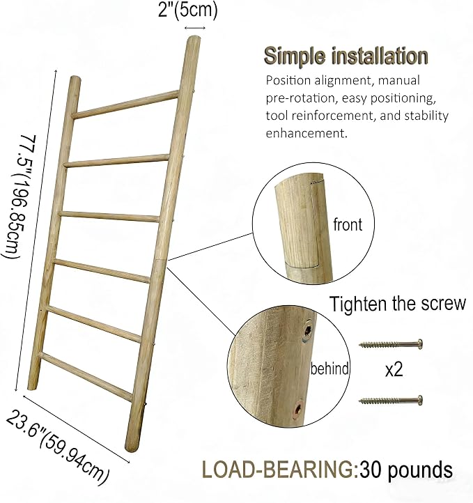 Wooden Blanket Ladder -77x24in Natural & Motley Wood - Leaning Wall Decor for Bedroom, Bathroom, Living Room - Rustic Quilt Holder & Towel Rack (77x24in | Knock Down,Light Wood Color)