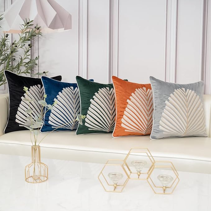 Aeckself Gray White Leaves Velvet Throw Pillow Cover 18 x 18 Inch, Embroidery Square Cushion Case with Stitched Edge Luxury Modern Decorative Farmhouse Pillowcase for Couch Living Room Bedroom