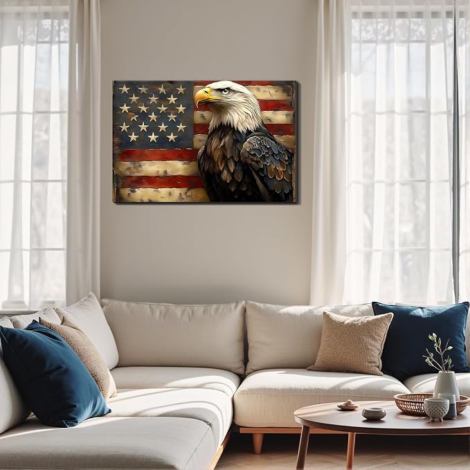 Framed Bald Eagle American Flag Wall Art, Patriotic USA Canvas Art Pictures, Vintage Eagle Wall Decor for Office Living Room Man Cave, Ready to Hang Made in USA