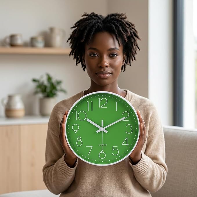 jomparis Modern Office Green Decor Wall Clock 12" Silent & Non-Ticking Battery Operated Quartz Round Clock