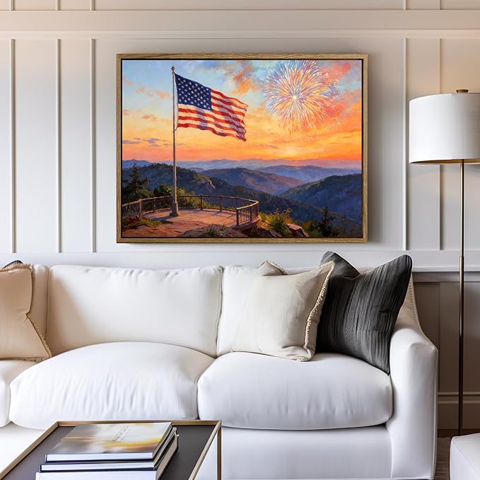 American Flag Framed Canvas Wall Art, 4th of July Patriotic Canvas Prints | USA Flag with Ocean Sunset Landscape Poster Print, Independence Day Wall Decor for Bedroom Living Room 11×14in