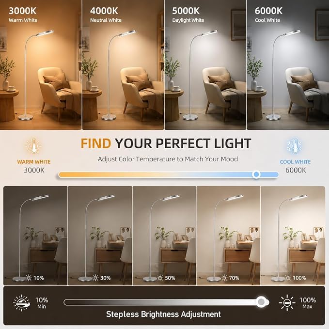 Wio-Mio 15w/1000lm Bright LED Floor Lamp with Stepless Adjustable 3000K-6000K Colors and Dimmer, Remote and Touch Control Reading Lamp, Adjustable Floor Lamp for Living Room