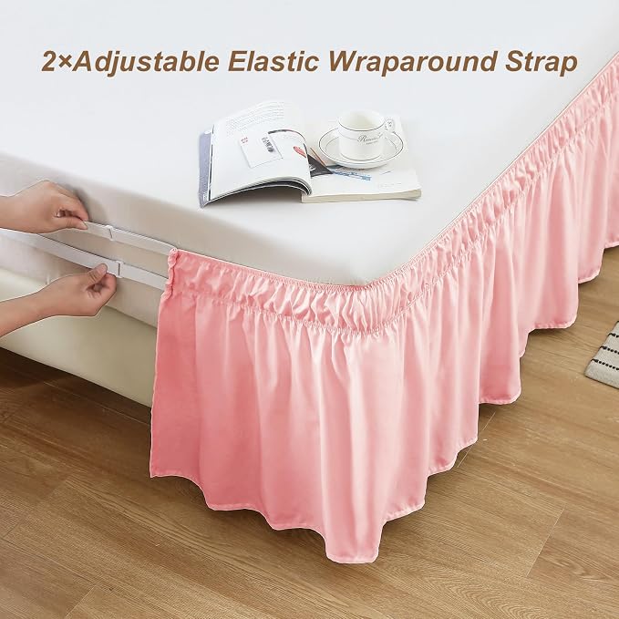 MEILA Wrap Around Elastic Bed Skirt for Queen & King Beds, 24" Drop,Pink | Three-Side Adjustable Elastic Dust Ruffle, Ruffled Polyester Fabric, Easy to Install, Fade Resistant & Machine Washable