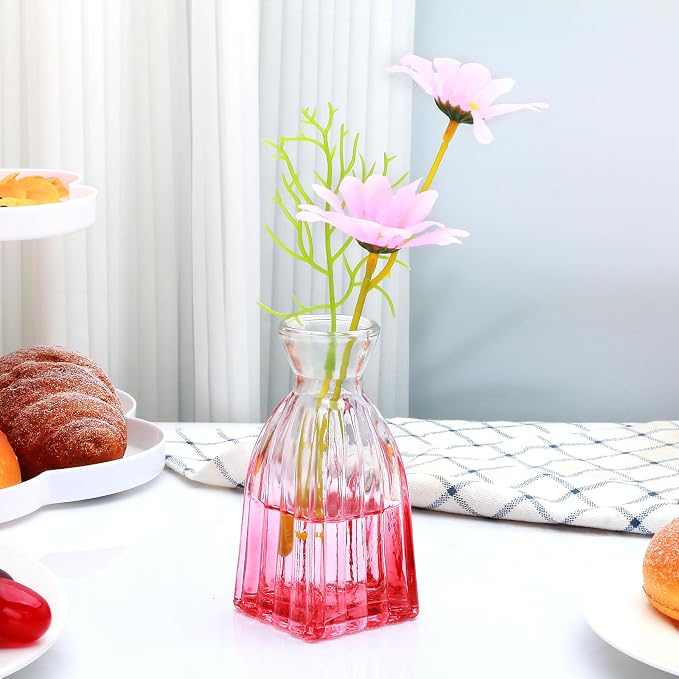 Glass Bud Vases Set of 4, Small Pink Flower Vases for Wedding Centerpieces | Clear Vintage Embossed Mini Vases for Table Decorations, Flower Arrangements in Vases for Party or Home Decor
