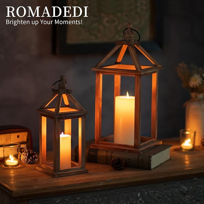 Romadedi Wood Candle Lantern Decorative, Brown, Rustic Decor Set of 2 | Farmhouse Wooden Lanterns, Decorative Candle Holder, Wedding Table Centerpiece, Indoor Outdoor, Fireplace Decorations