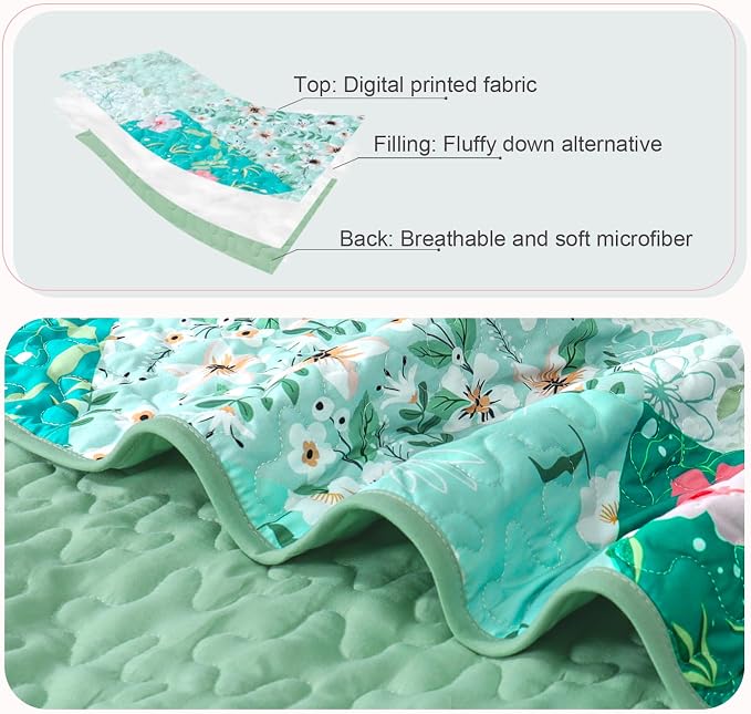 Whale Flotilla Patchwork Quilt King Size, Extra Soft Floral Bedspreads | Green Reversible Lightweight King Quilt Bedding Set for Bed, Printed Coverlets with 2 Pillow Shams for All Seasons
