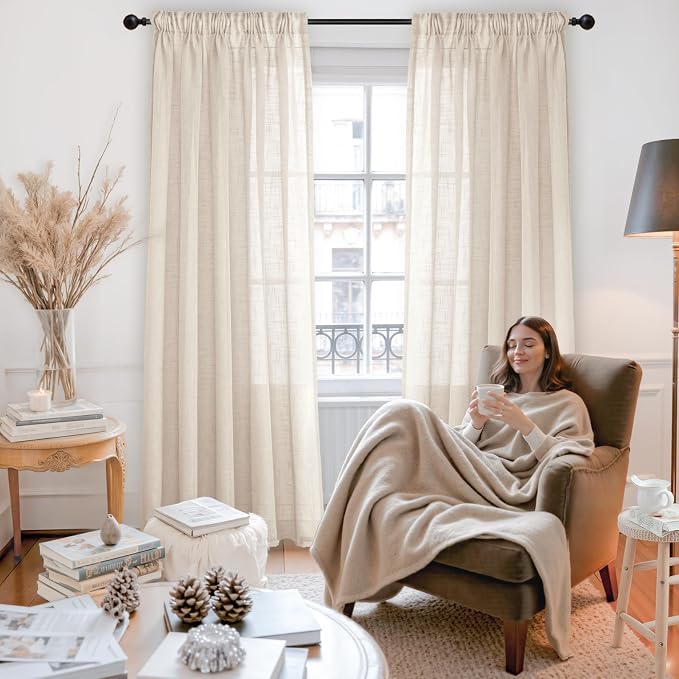 YoungsTex Oatmeal Linen Curtains 84 Inches Long for Living Room 2 Panels, Light Filtering Window Drapes Natural Textured Semi Sheer with Rod Pocket Back Tab for Farmhouse Bedroom, 52 X 84 Inch