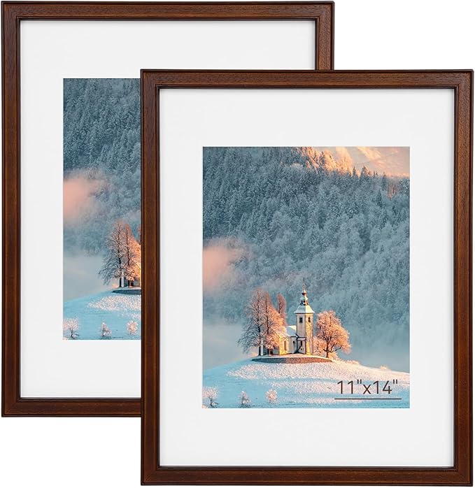 SNAPSHOT 11x14 Picture Frame, Natural Walnut Wood Photo Frame Set with Real HD Glass for Pictures 8x10/5x7 with Mat or 11x14 Without Mat, Gallery Poster Frame for Wall or Tabletop - 2Pcs