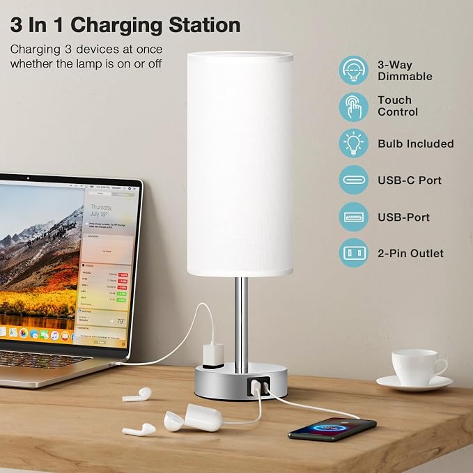 Fenmzee White Bedside Lamp for Bedroom, Dimmable Touch, USB A+C, AC Outlet