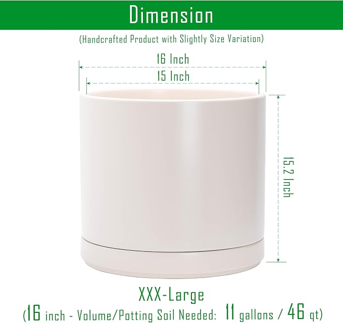 D'vine Dev 16 Inch Ceramic Planter Pot, Oatmeal, 94-O-H-8 | Modern Cylinder Design, Drainage Hole & Saucer Included, Stable Structure, Elegant Home Accent