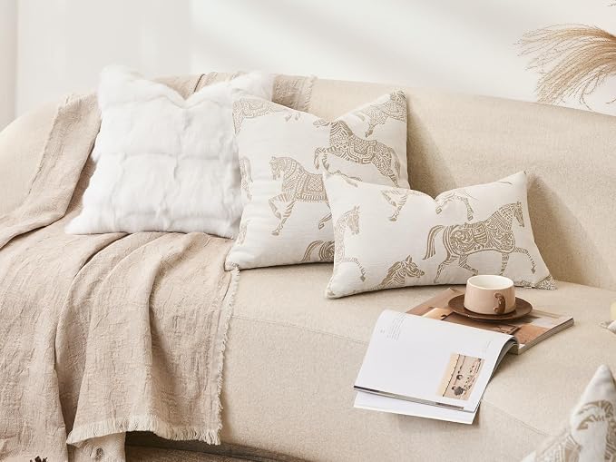 Throw Pillow Cover 20x20 inches, Double Sided Beige Horse Pattern Chenille Jacquard Pillow Covers, Modern Style Horse Pillows Decorative Throw Pillows Cushion Cover for Bed Couch