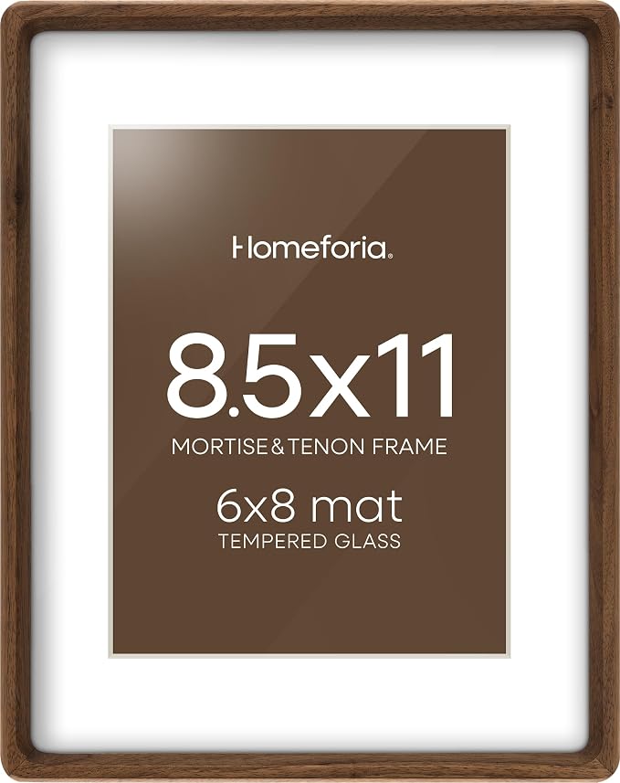 Homeforia 8.5x11 Mortise&Tenon Walnut Picture Frame, 6x8 Mat, Glass