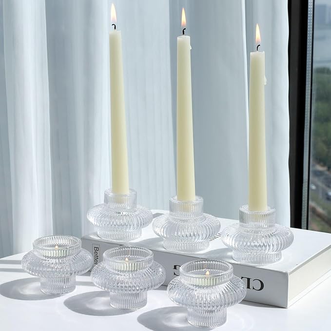 VOHO Dual Sized Candlestick Holders Set of 6, Clear Candle Sticks Holder