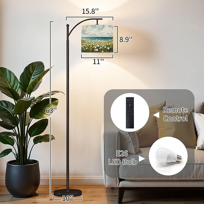 Arc Floor Lamp Farmhouse Boho Beach Coastal Vintage Floral Ocean Daisy Flowers Sea Dimmable Modern Standing Lamp with Remote Adjustable Drum Shade Footswitch Tall Pole Lamp for Living Room Bedroom