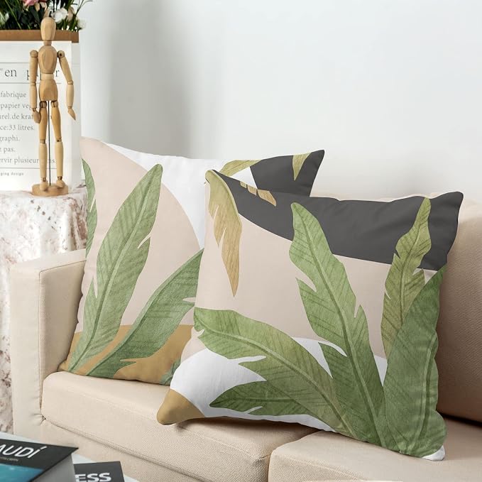 Summer Tropical Green Leaves Chair Cushion Covers Palm Tree Pillowcases Black and White Brown Throw Pillow Cover Home Decor for Living Room Couch Bed 22X22 of 2 Pack