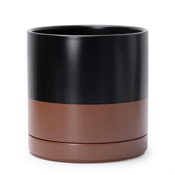 D'vine Dev 10 Inch Ceramic Planter Pot, Black/Tan, 94-O-E-7 | Modern Cylinder Design, Drainage Hole & Saucer Included, Stable Structure, Elegant Home Accent