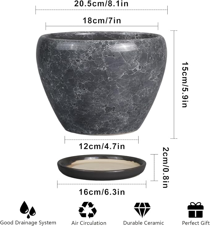 Ceramicfor 8 Inch Plant Pot - Ceramic Planter Pot with Drainage Hole and Saucer, Glaze Garden Pot Modern Flower Pot for Indoor Plants, Gray