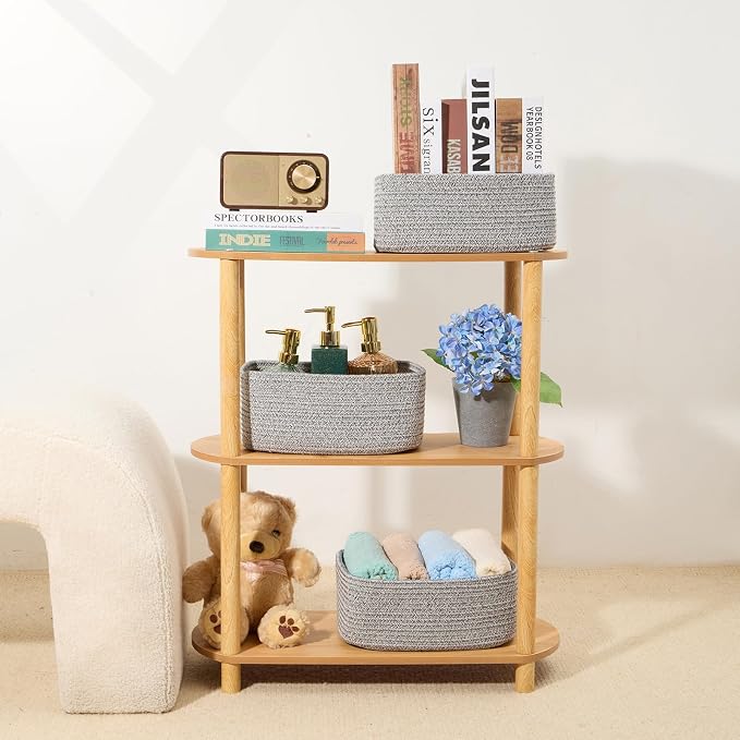 MiniArk Small Storage Baskets for Organizing | Closet Organizer Bins | Shelf Toy Basket | Woven Rope Baskets | Cube Decorative Box | Shallow Basket | 11.5x7.5x4.7” | 3 Packs Mixed Grey