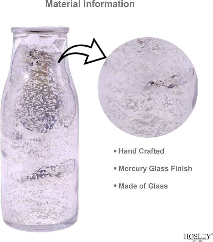 Hosley Set of 6 Silver Glass Bottle, 5.5" High. Ideal Gift for Floral Arrangements Wedding, Floral Vase, Party, Home Decor, Office, Spa