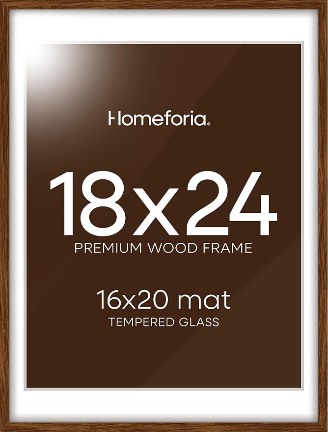 Homeforia 18x24 Brown Oak Poster Frame, High-End Wood, 16x20 Mat, Glass