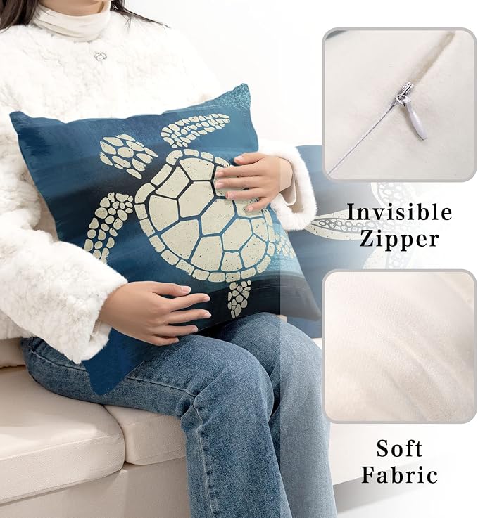 Marine Turtle Couch Pillow Covers 22x22 Pack of 2 Mediterranean Style Pillowcases Sea Animal Cushion Cases Navy Blue Throw Pillow Case for Patio Sofa Bed Decor