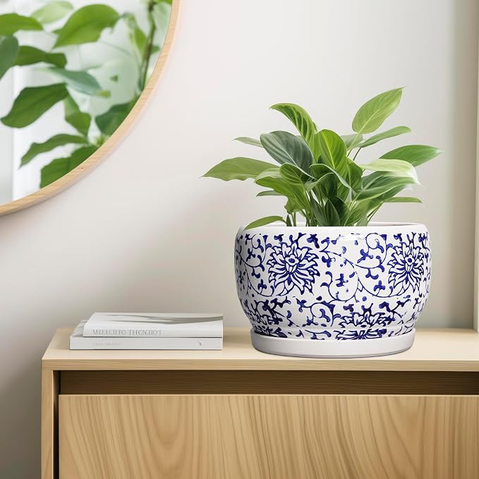 SQOWL Ceramic Pots for Plants - 10 Inch Ceramic Flower Pots with Drainage Hole and Saucer, Round Large Planter Indoor, Decorative Porcelain Planter Outdoor, Home Decor, Birthday Gifts, Blue and White