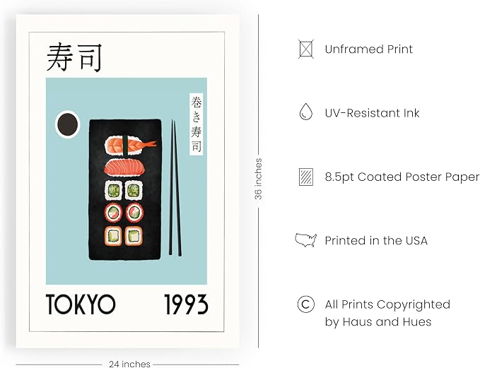 HAUS AND HUES Modern Kitchen Food Print - Japanese Sushi Poster, Asian Decor Wall Art, Sushi Decoration (Unframed 24x36)