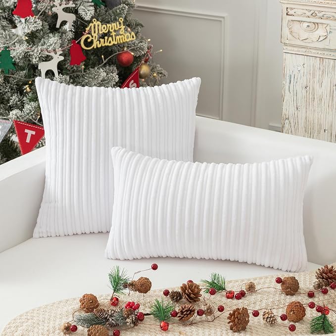 Kevin Textile Striped Corduroy 16”x16” Pillow Covers 2 Pack, Pure White