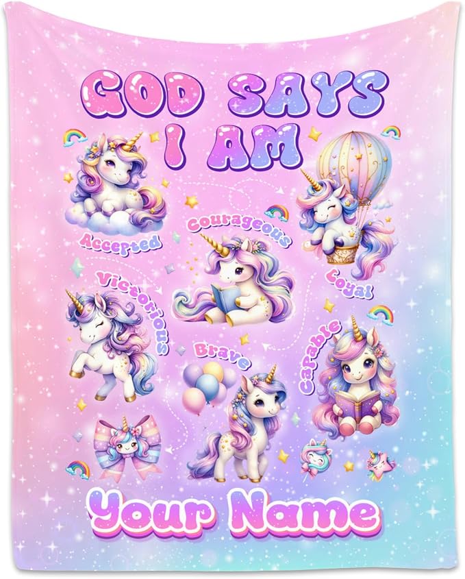 Personalized Unicorn Fleece Blanket for Girls, Women & Kids - God Says I Am Inspirational Gift for Her & Daughter - Soft Plush for Sofa Bed, 50"x60"