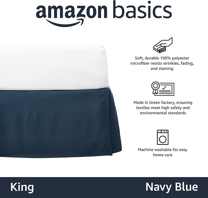 Amazon Basics Lightweight Pleated Bed Skirt, Wrinkle and Fade Resistant, Machine Washable, King, Navy Blue, 16-inch Drop
