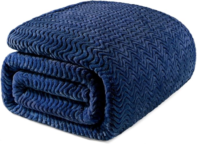 Exclusivo Mezcla Soft Fleece Blanket King Size, Cozy Lightweight Blankets with Decorative Wave Textured Suitable for All Season Use, Navy Blue, 90x104 Inches | 90"x104" Breathable Lightweight Flannel Blanket for Summer, Plush Cozy Jacquard Wave for Hom...