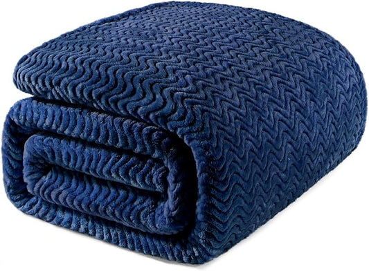 Exclusivo Mezcla Soft Fleece Blanket King Size, Cozy Lightweight Blankets with Decorative Wave Textured Suitable for All Season Use, Navy Blue, 90x104 Inches | 90"x104" Breathable Lightweight Flannel Blanket for Summer, Plush Cozy Jacquard Wave for Hom...