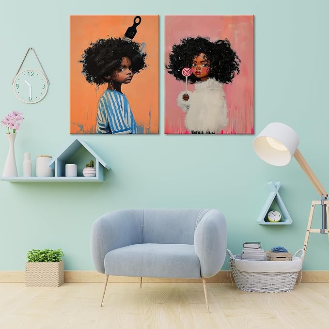 ouiytws Black Girl Wall Art Set of 2, Afro Canvas Prints for Kids Room | Framed 16x24 inch diptych wall art for kids bedroom, cute boho modern painting, ideal boys and girl room decor