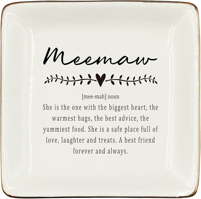 WODMIS Meemaw Gifts Ceramic Jewelry Tray Dish, Grandma Birthday Gift Jewelry Plate Dish, Meemaw Ring Trinket Dish, Grandma Granny Christmas Gifts for Women 514