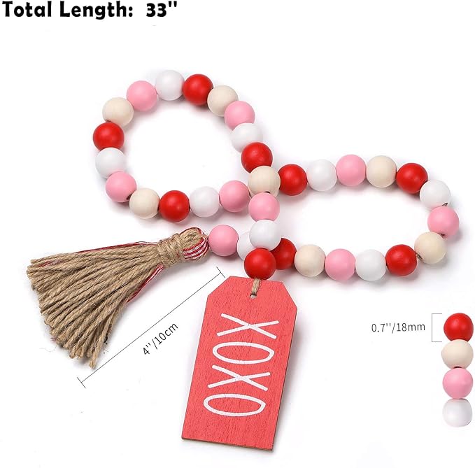 Valentines Day Decor, Wood Bead Garland with Tassel for Tiered Tray