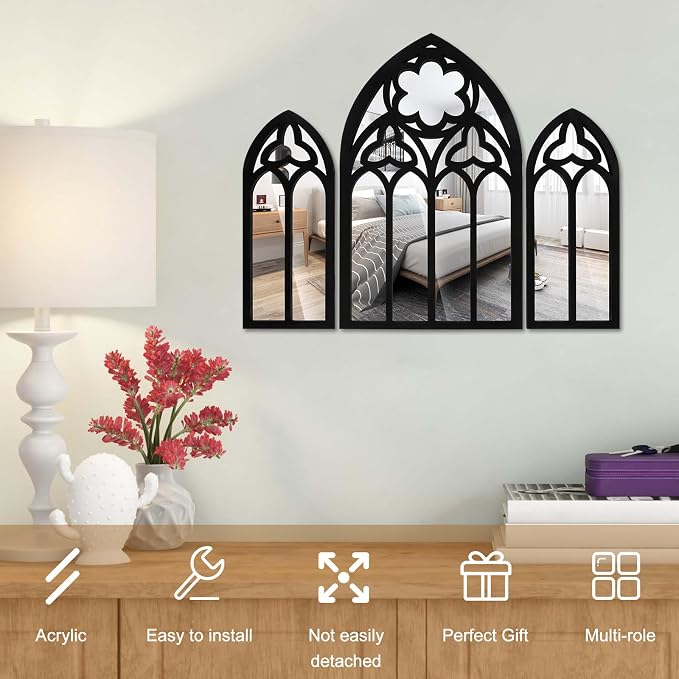 3Pcs Wall Arch Mirrors Set Gothic Wall Mirror Decor Cathedral Arched Mirror Decor Decorative Arched Wall Mirror for Living Room Bedroom Entryway Bathroom Vanity(white)