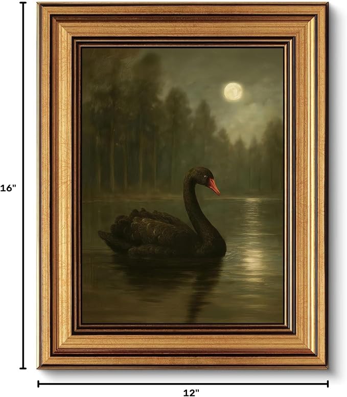 Vintage Gold Framed Wall Art Moonlit Black Swan Lake Wall Decor Picture Dark Academia Gothic Moody Poster Romantic Aesthetic Rustic Antique Print for Gallery Living Room Bedroom Home Decoration 12x16in