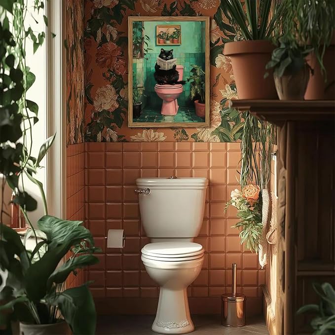 Funny Bathroom Cat Wall Art, Humorous Black Cat Restroom Wall Decor Paintings, Funky Animal on Toilet Reading Newspaper Canvas Prints Artwork 12x16 inch Wood Framed