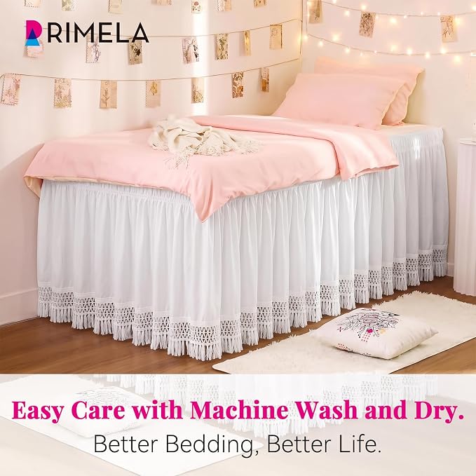 RIMELA Tassel Trim Dorm Bed Skirt Twin XL 36 Inch Drop, Wrap Around Elastic Dust Ruffle Easy to Install, Bedskirt Solid Silky Fabric Machine Washable, Bedroom Decor